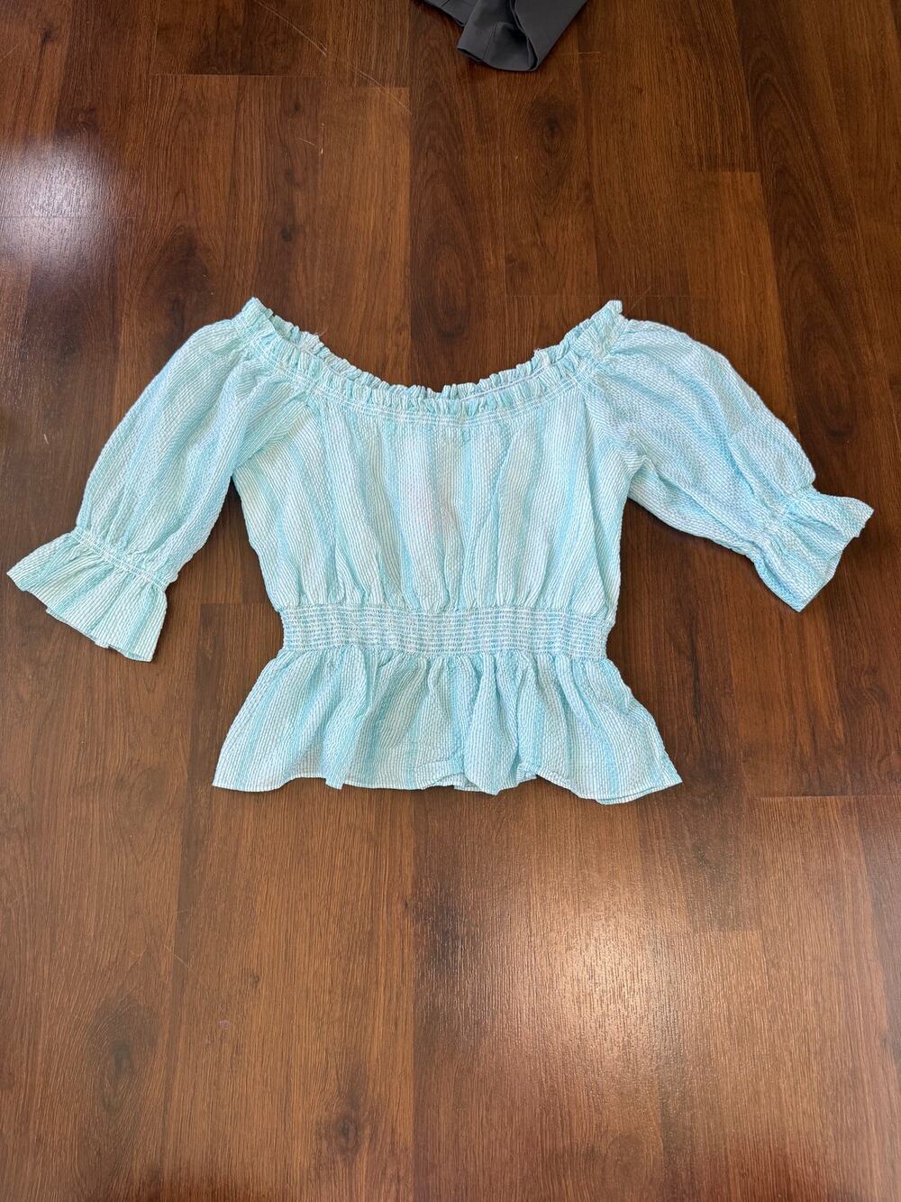 Intermix Off-Shoulder Smocked Peplum Blouse Blue Stripe Sz S Cotton Coastal Boho